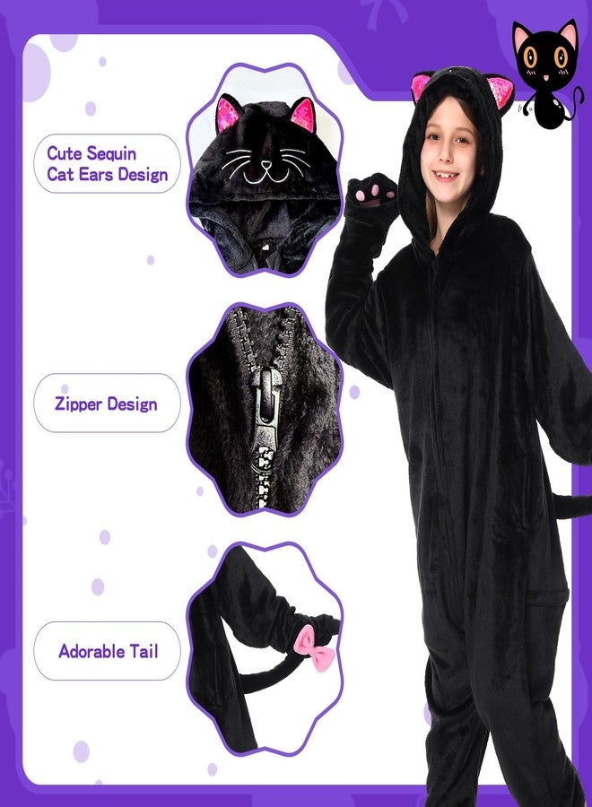 ACTLATI Girls Black Cat Costume Halloween Jumpsuit Zip-Up Hooded One Piece Romper for Animal Cosplay Party Age 6-13 - Image 2